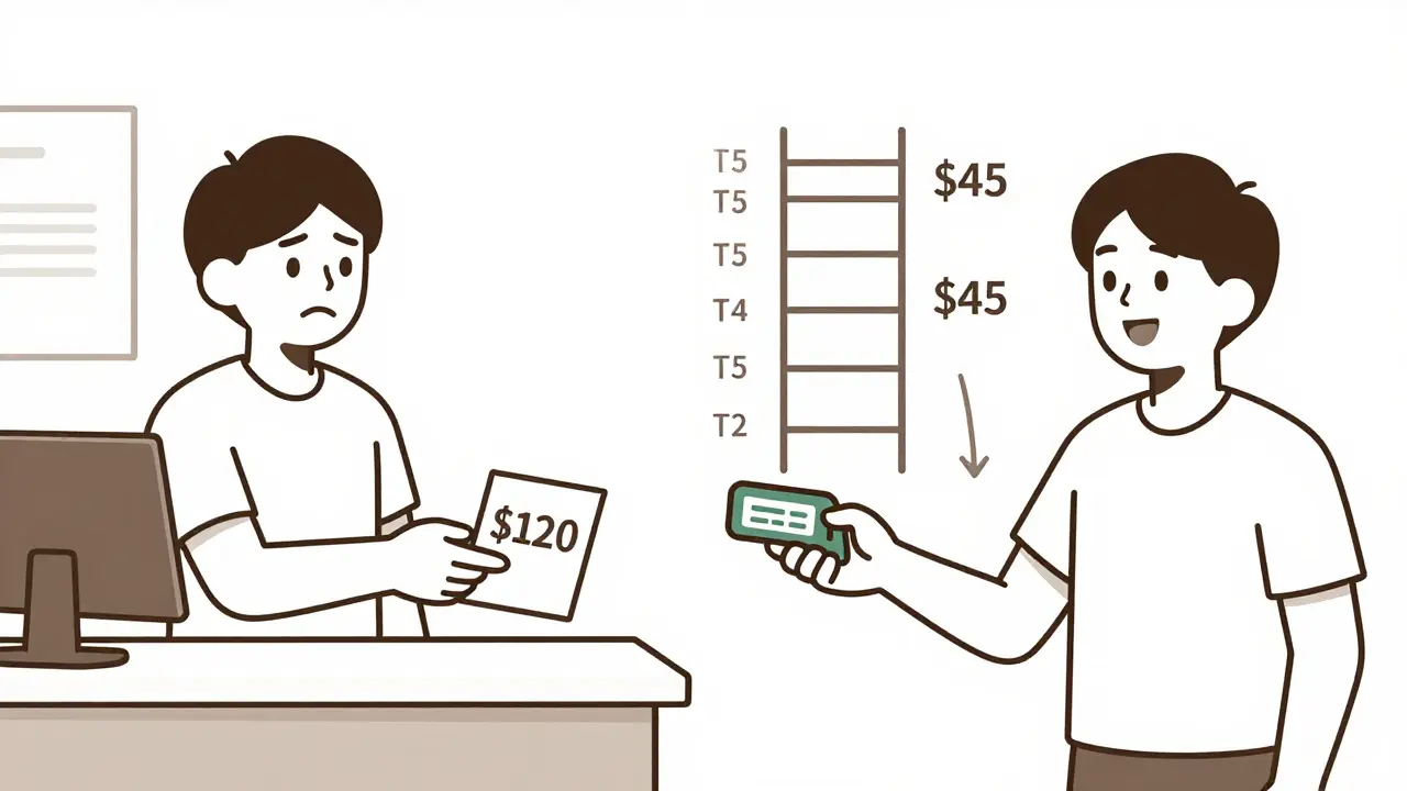 Person paying less at pharmacy after tier exception approval, with drug tier ladder showing cost reduction.