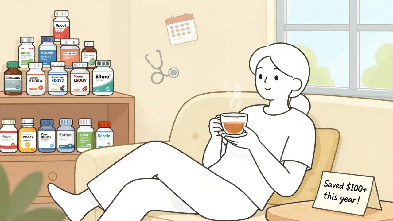 Person relaxing at home with shelves of 90-day medication bottles and a note about savings.