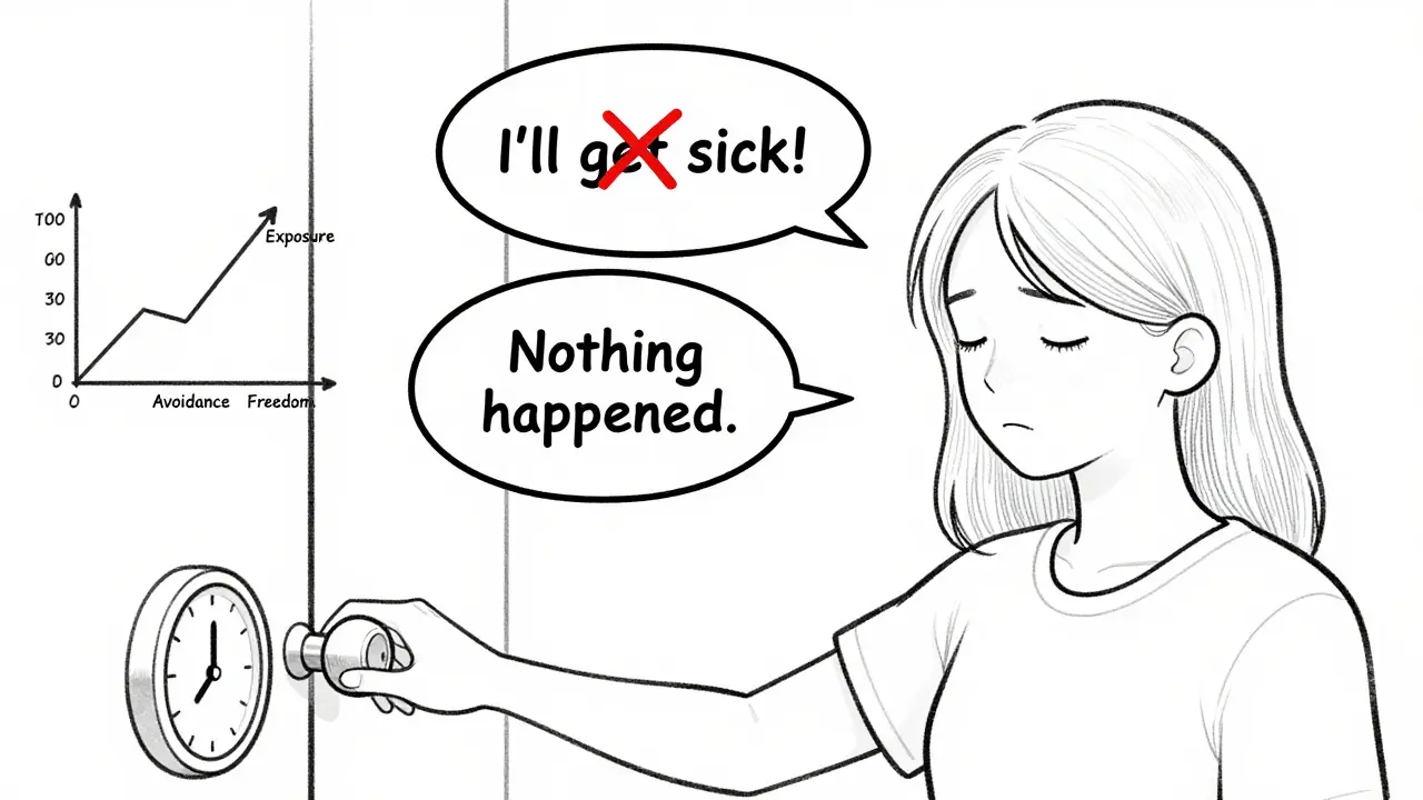 Person touching a doorknob without washing hands, realizing nothing bad happened.