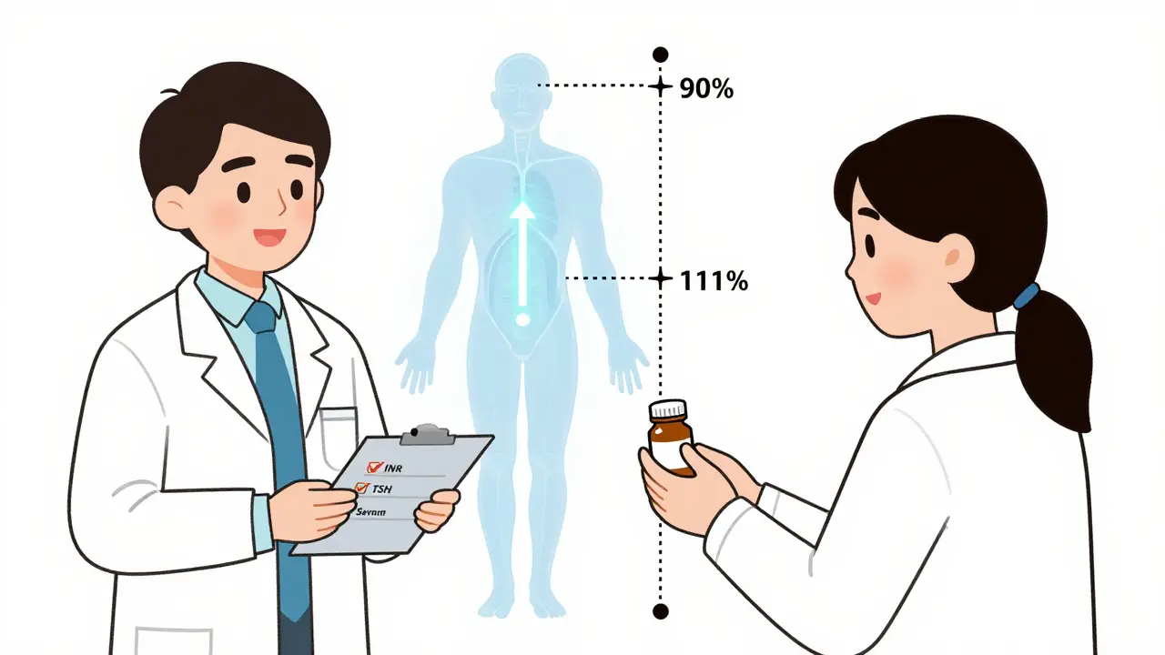 Pharmacist handing a patient a generic NTI medication with a visual of safe drug absorption levels.