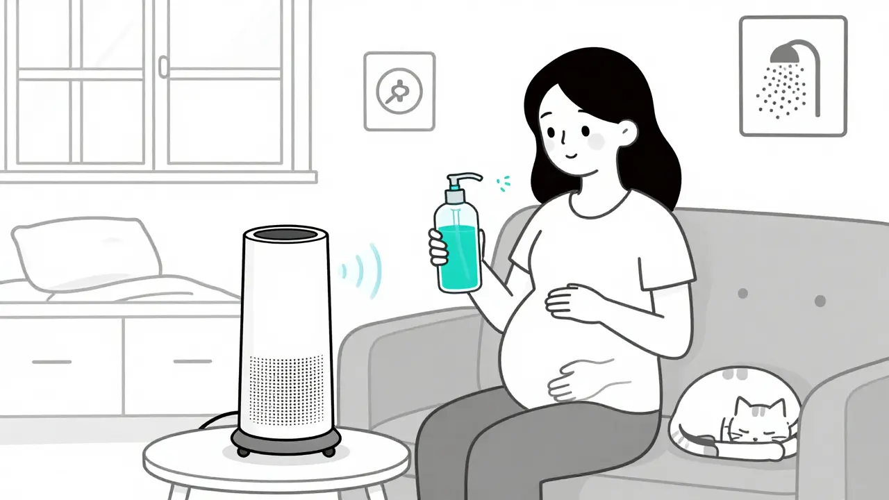 Pregnant woman managing allergies naturally with saline rinse and HEPA filter in cozy room