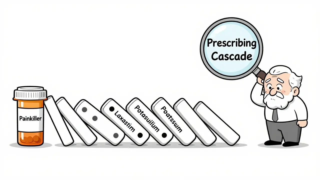 Prescription bottles chained like dominoes falling, illustrating a prescribing cascade.