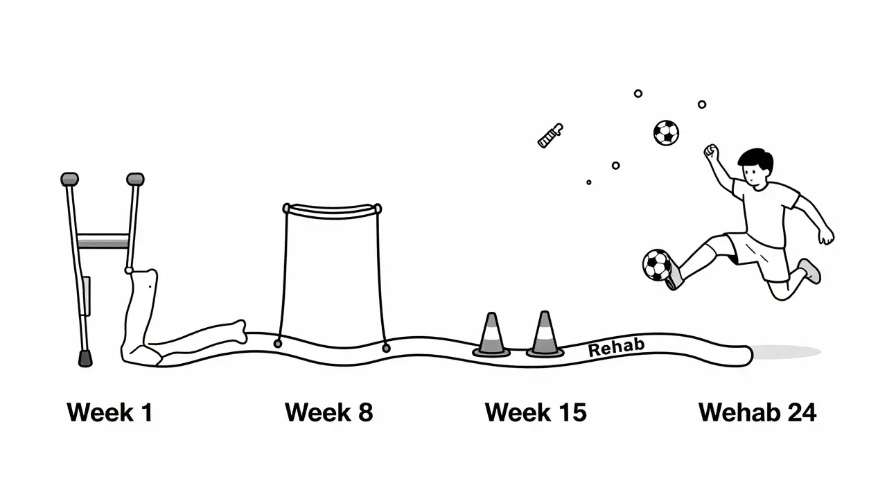 Recovery timeline path showing four phases from crutches to returning to soccer kick.