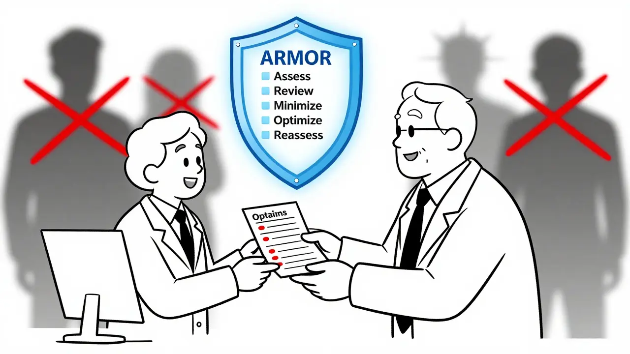 Senior handing medication list to pharmacist with ARMOR checklist glowing above them.