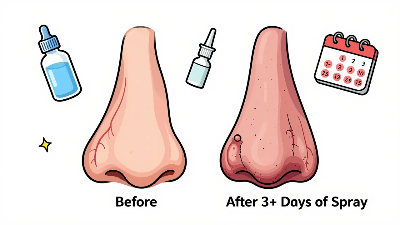 Side-by-side comparison of healthy vs. damaged nasal tissue after prolonged decongestant spray use.