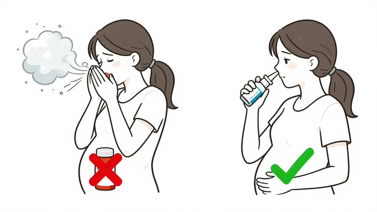Side-by-side illustration showing unsafe decongestant with red X and safe antihistamines with checkmarks
