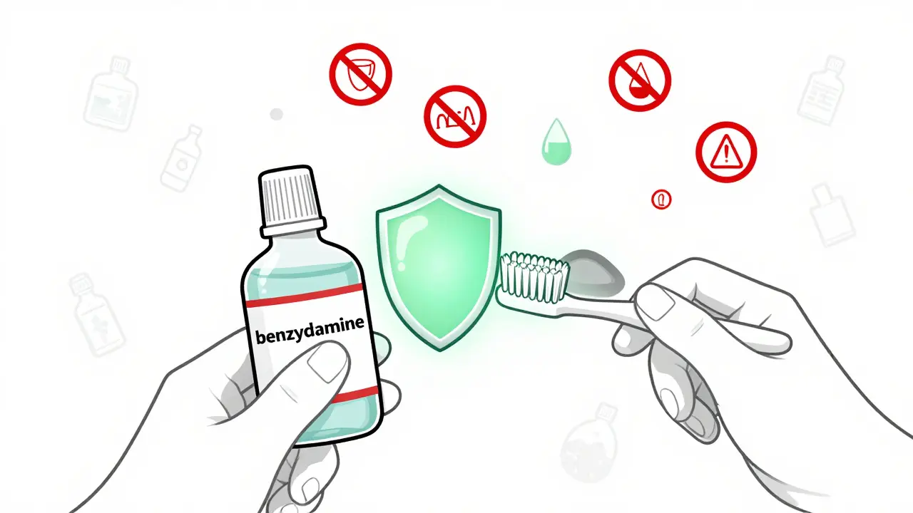 Soft toothbrush and benzydamine mouthwash with protective shield over mouth