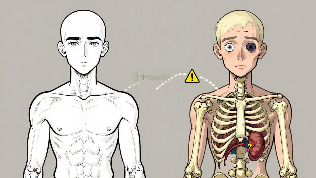 Split-body illustration showing healthy vs. long-term steroid damage to bones, eyes, and skin.