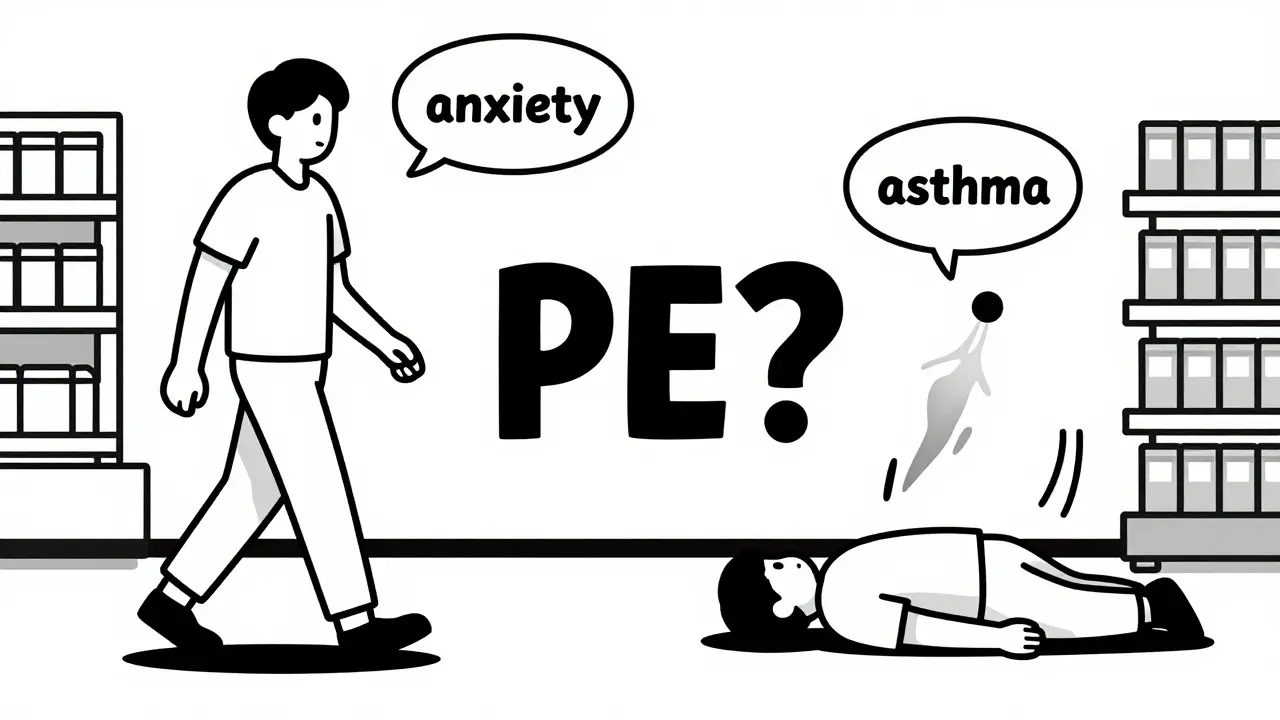 Split illustration of person walking vs collapsing, with 'PE?' revealed as the true cause