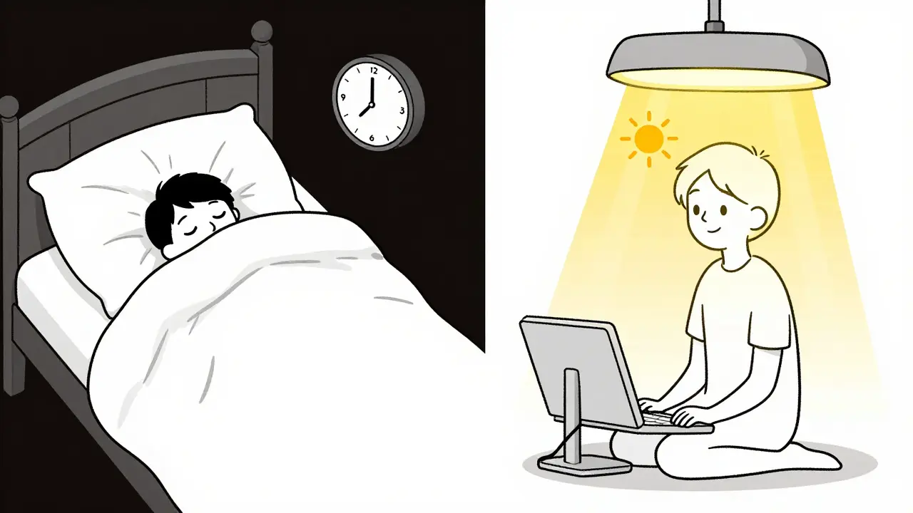 Split image: person sleeping in darkness vs. awake and lit by therapy light.