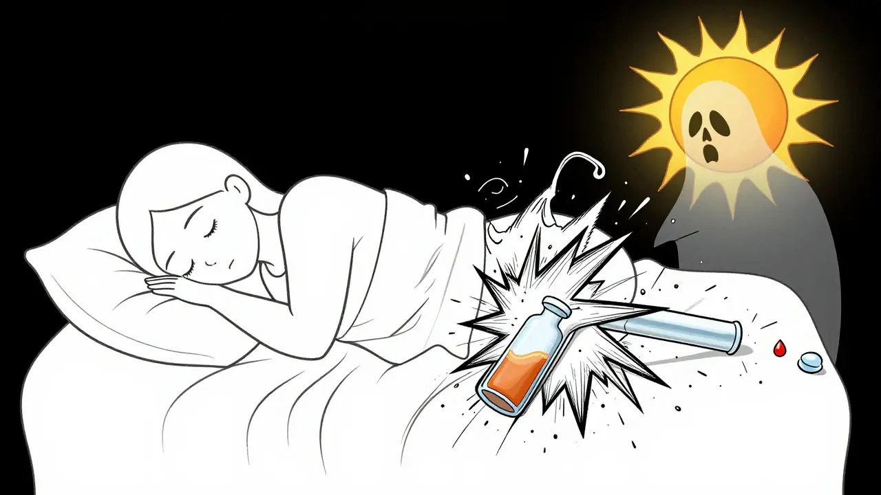 Split-night illustration of peaceful sleep vs. alcohol-induced disruption at 3 a.m.