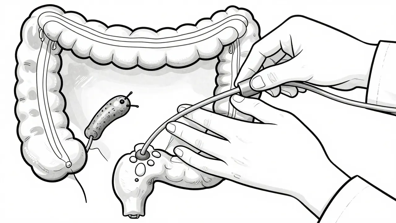 Stylized colonoscopy with a doctor removing two types of polyps using an endoscope.