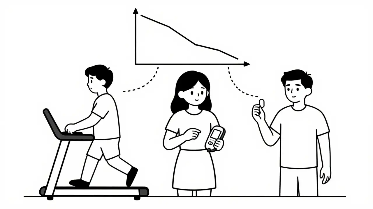 Three people with lifestyle and medication symbols connected to a statin and risk graph.