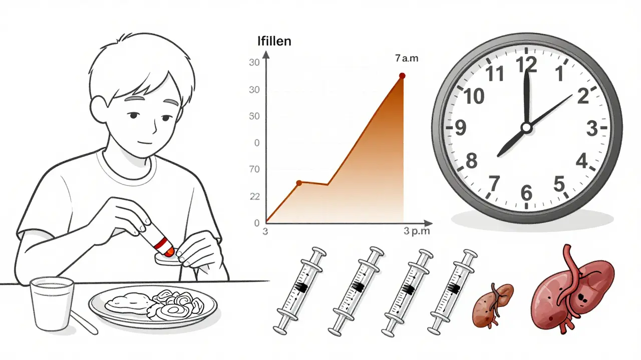 Timeline showing steroid-induced glucose spikes peaking at breakfast and lunch, not dinner, with insulin needs changing accordingly.