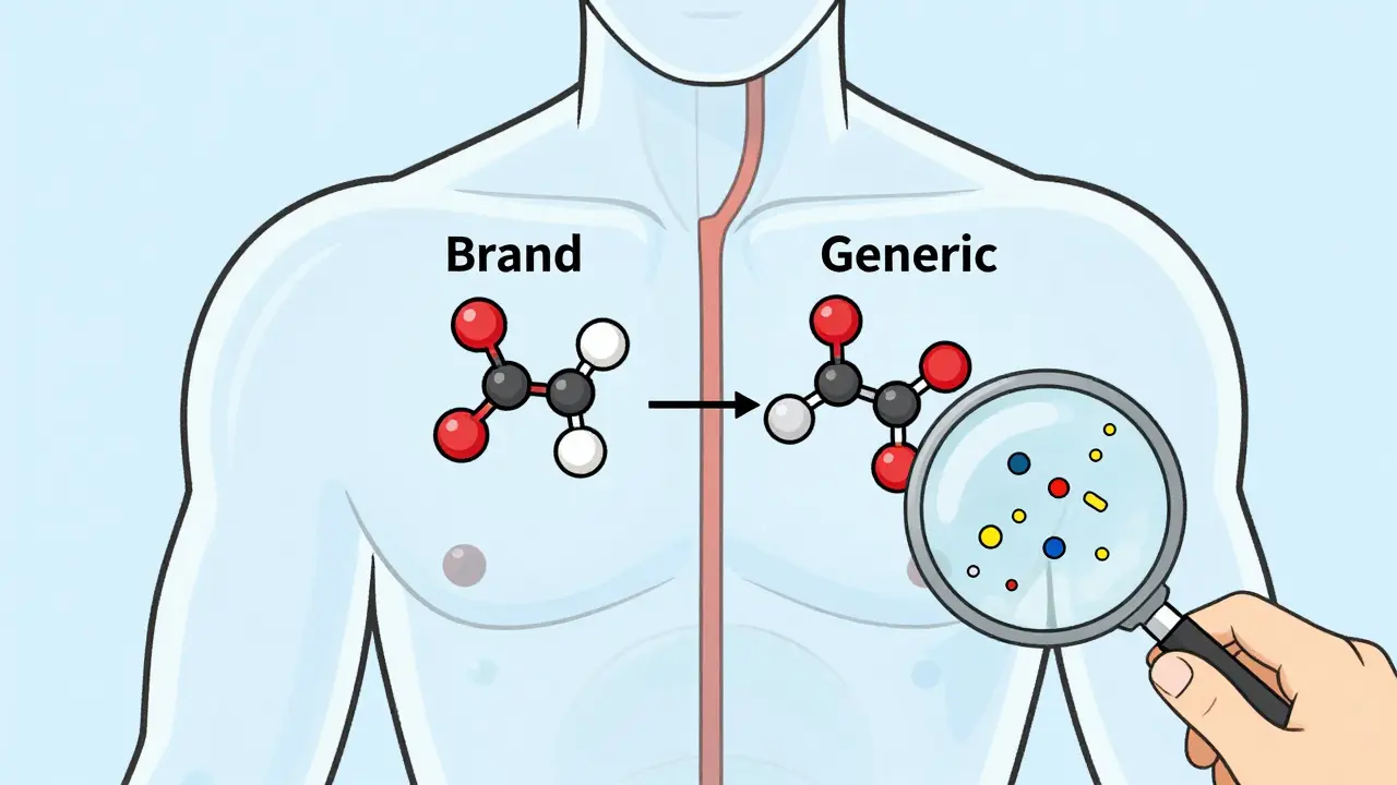 Transparent human body with two identical drug molecules entering bloodstream, showing minimal absorption difference.
