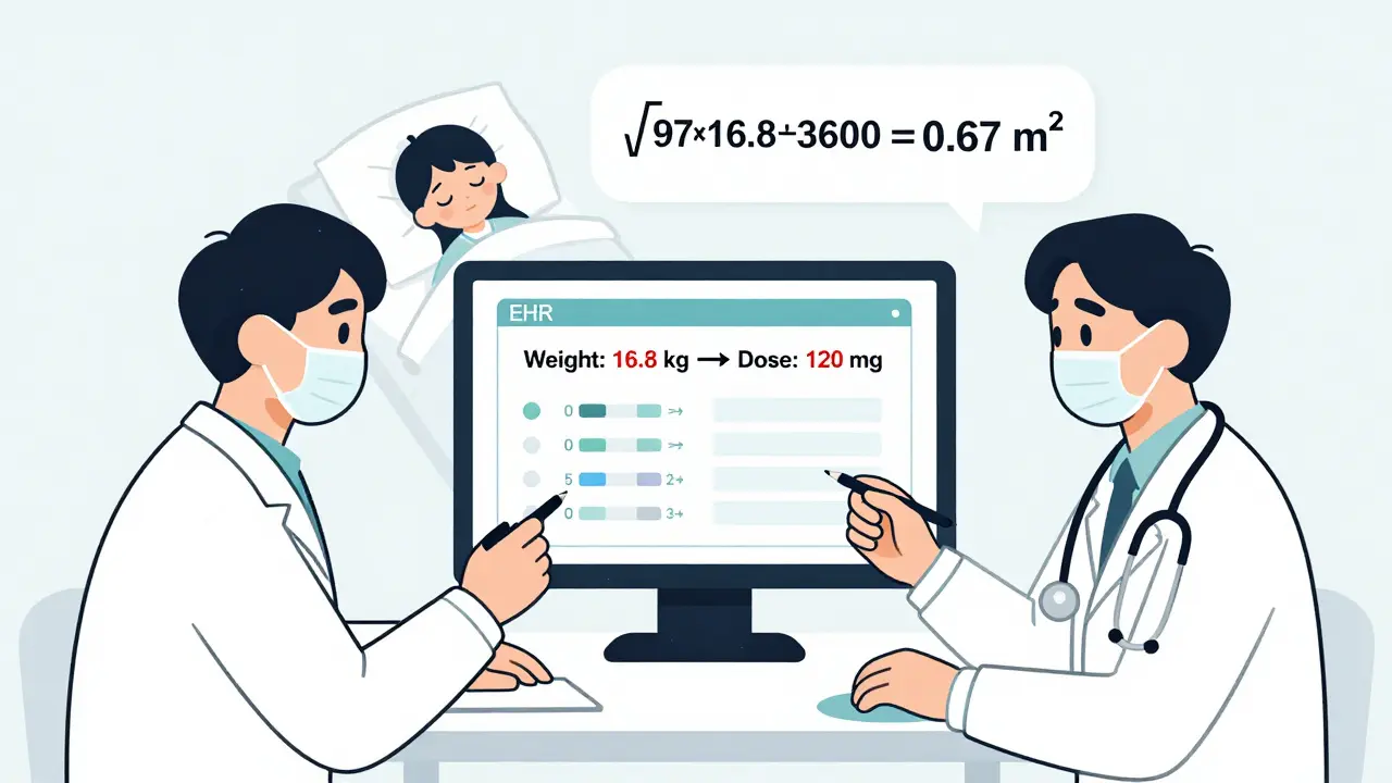 Two healthcare providers verifying a child's medication dose on an EHR screen