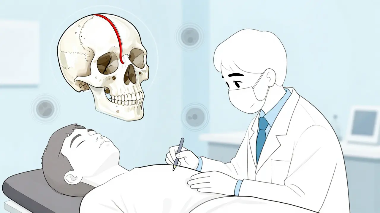 A neurologist performing a spinal tap while a cross-section of the skull shows pressure on the optic nerve.