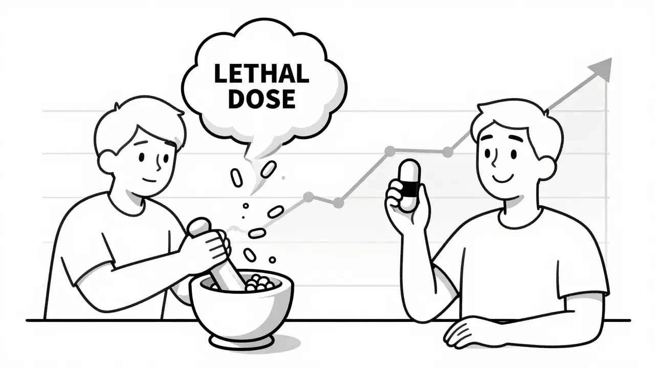 A person crushing an extended-release pill, with a dangerous cloud of concentrated drug rising above.