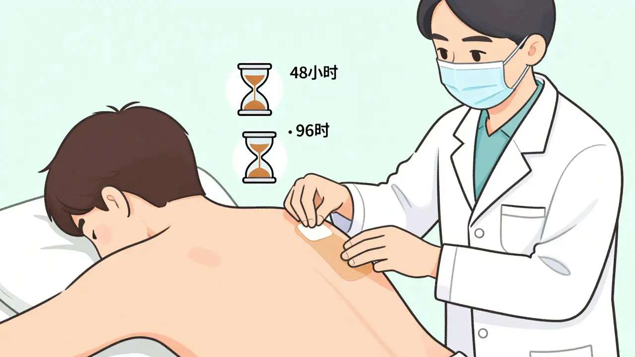 Dermatologist applying adhesive patches to patient's back for allergy testing