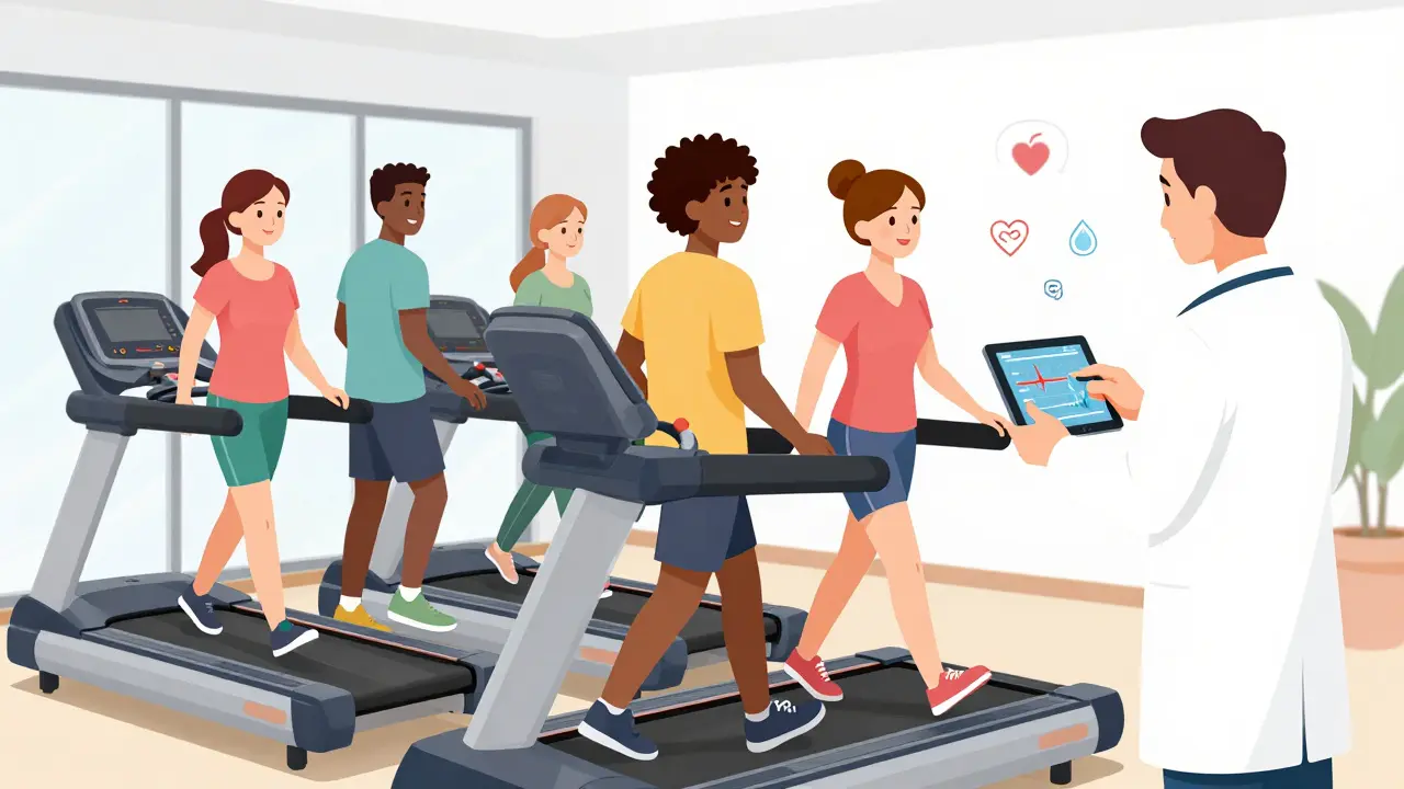 Diverse group exercising safely under supervision in cardiac rehab center