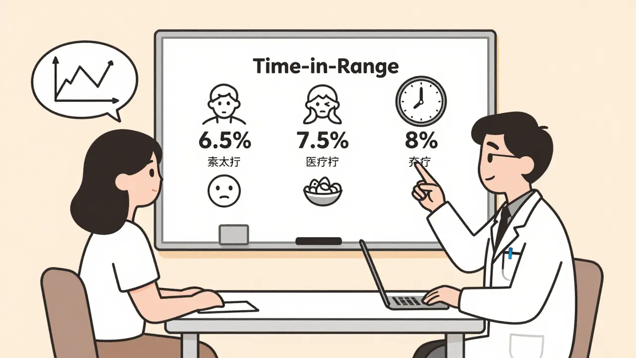 Doctor and patient discussing personalized A1C targets on a whiteboard with icons for age and anxiety.