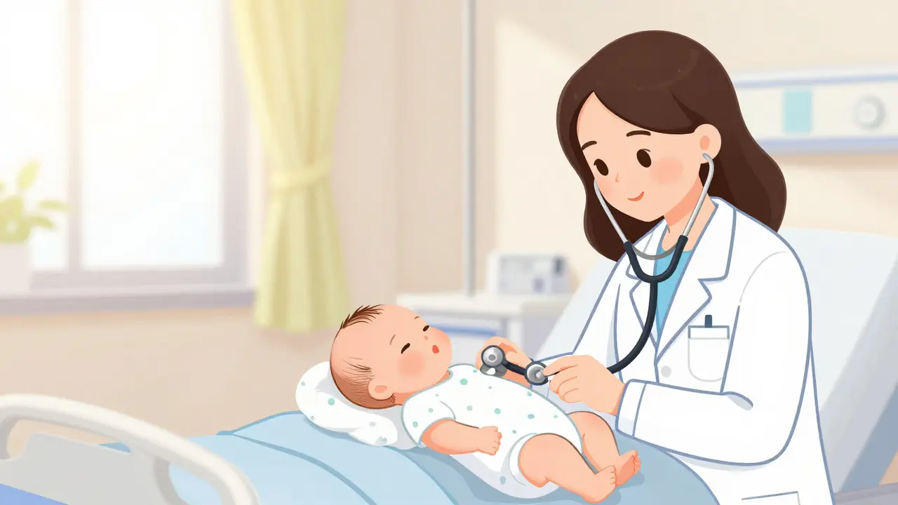 Healthy newborn with mother and doctor symbolizing safe statin use in pregnancy.