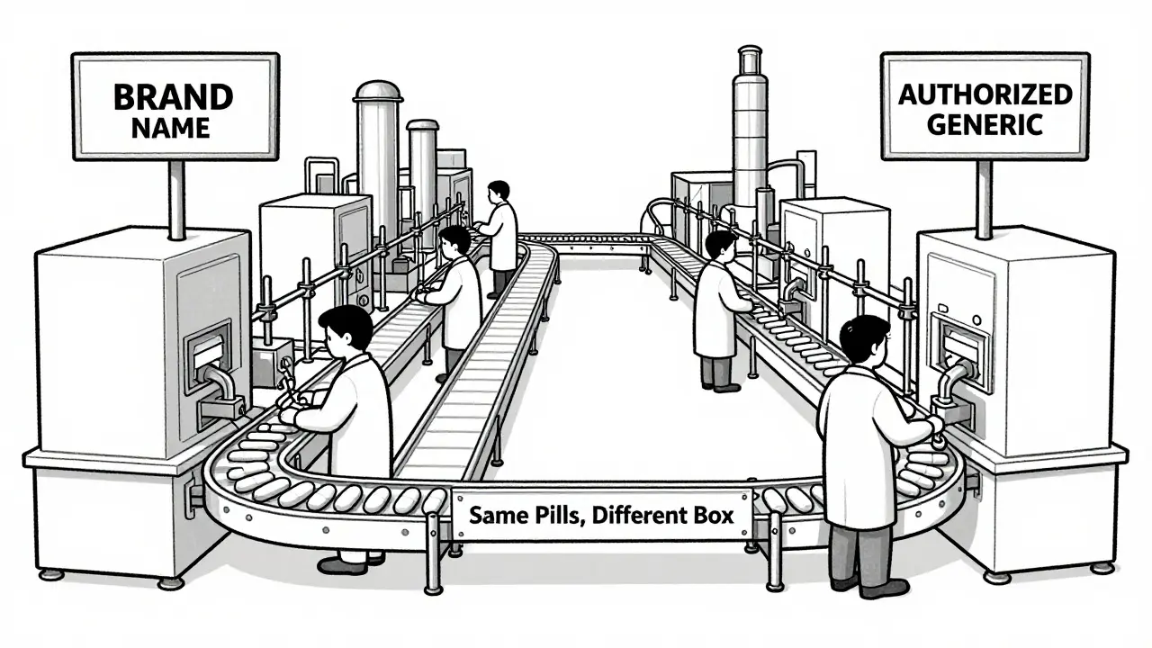 Identical pill production lines in a factory, labeled brand and authorized generic.