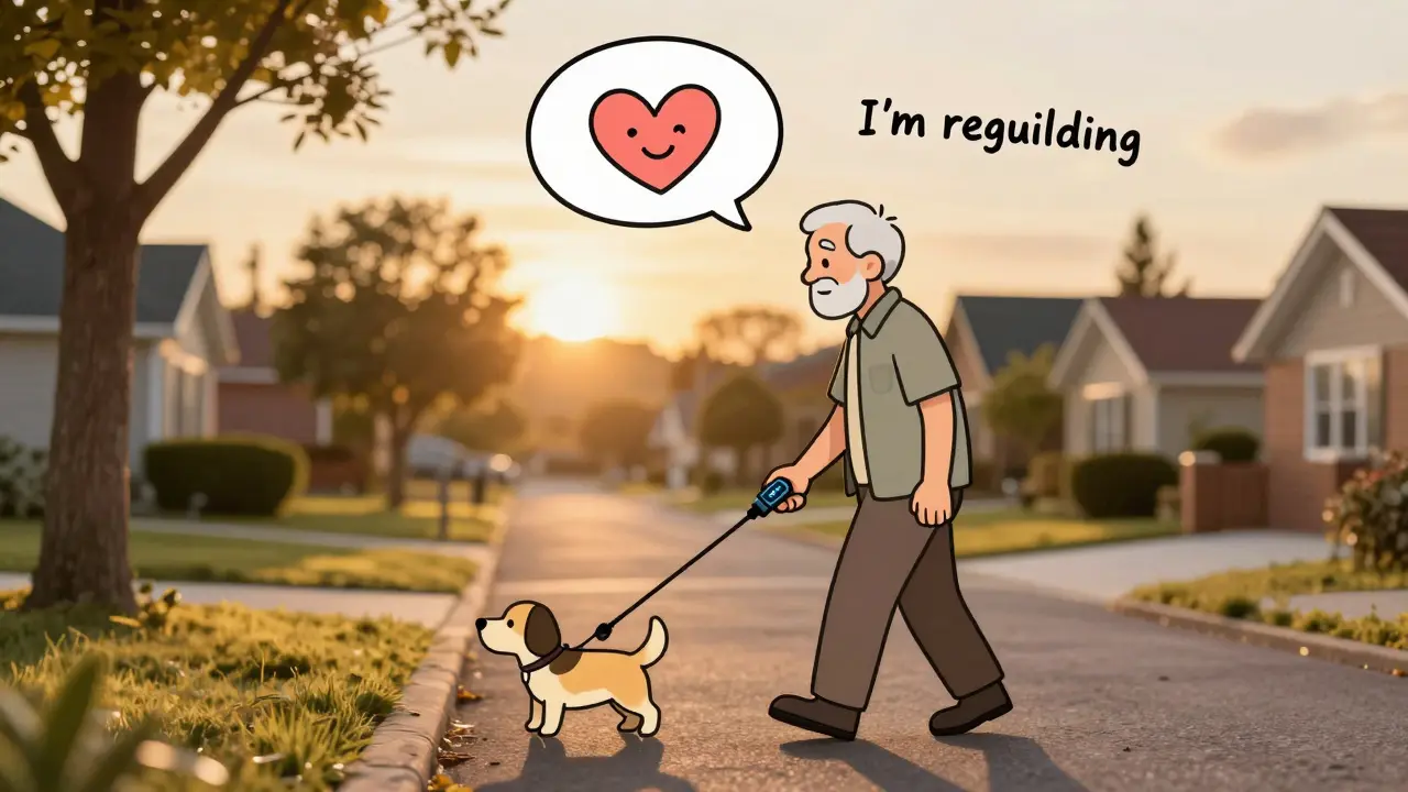 Man walking his dog while wearing a heart monitor at sunset