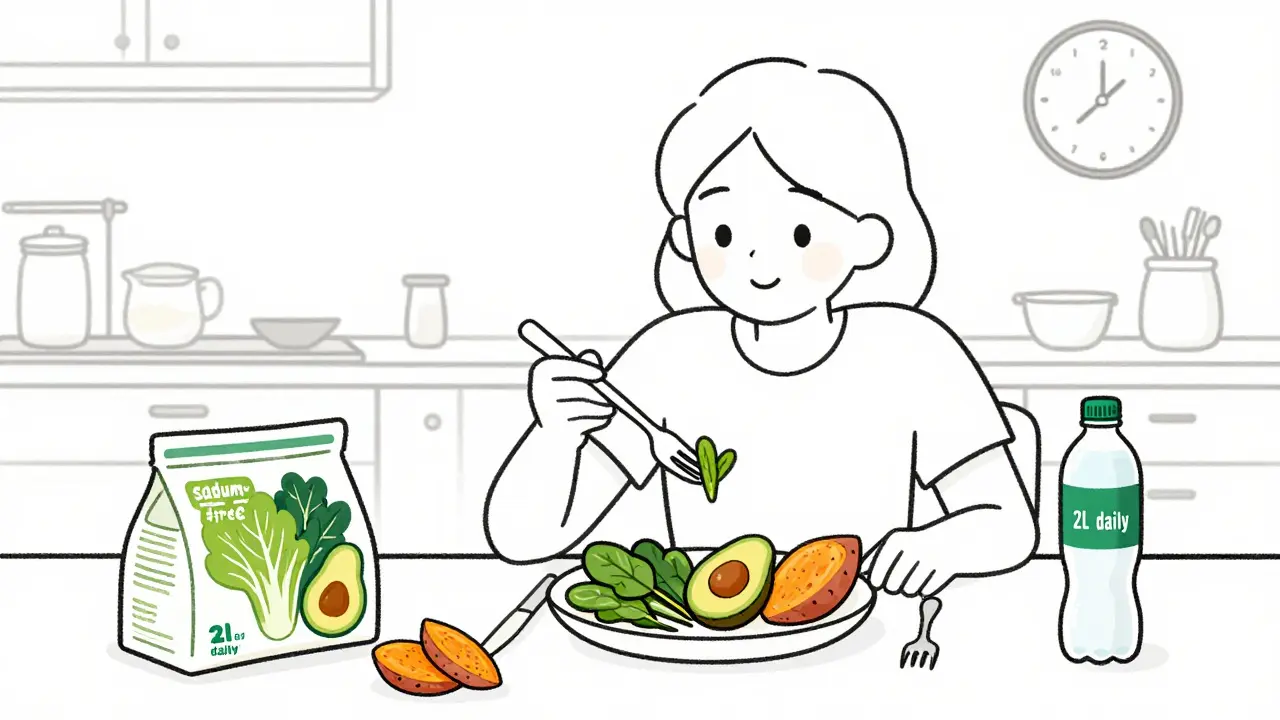 Person eating potassium-rich meal with water bottle and sodium-free labels in kitchen