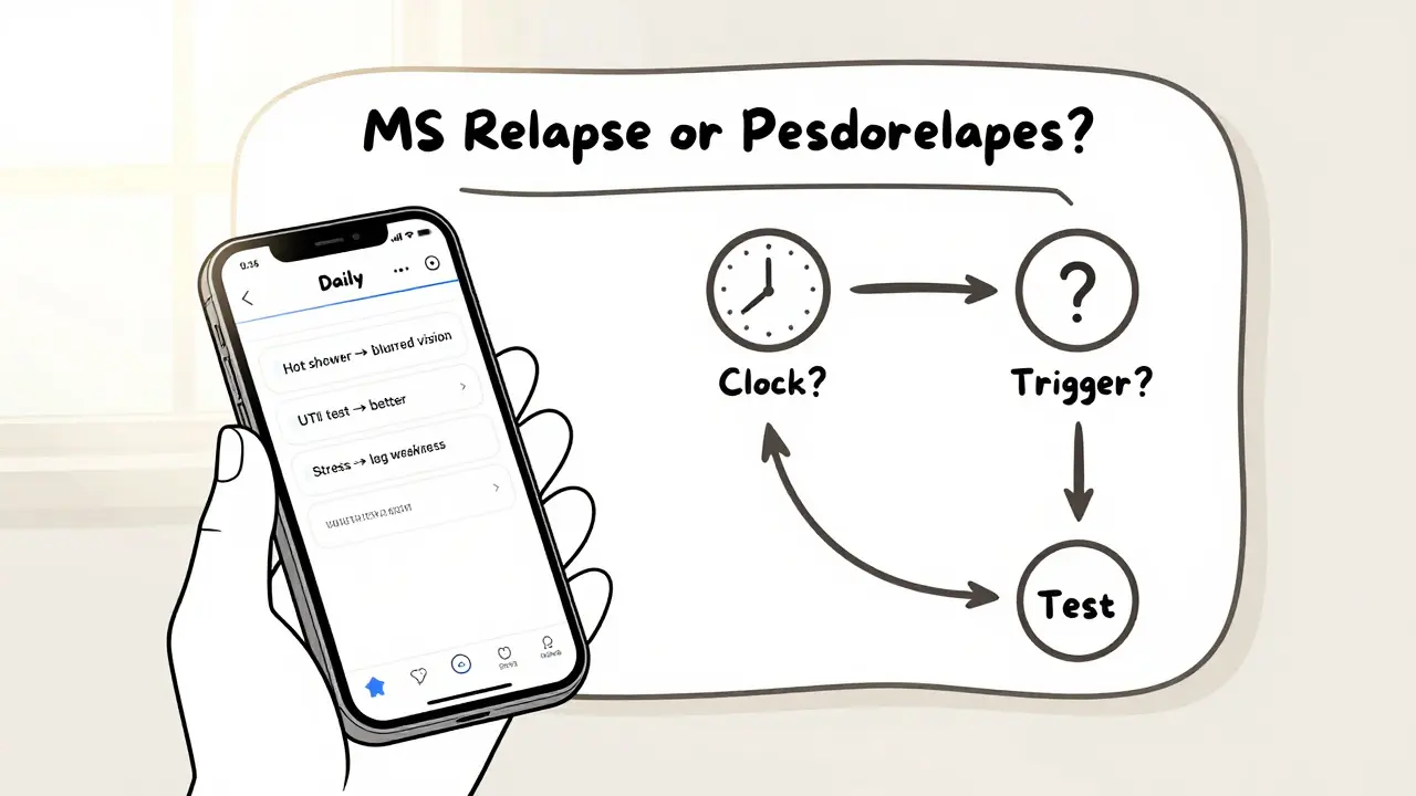 Person logging MS symptoms on phone with a simple decision flowchart for relapse vs. pseudorelapse.