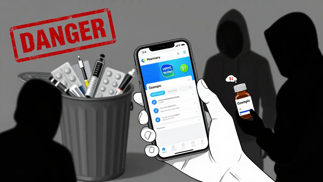 Person receiving fake Ozempic from shadowy figure while viewing counterfeit pharmacy website on phone.