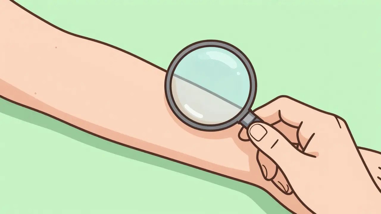 Person testing new product on inner arm with magnifying glass showing no reaction