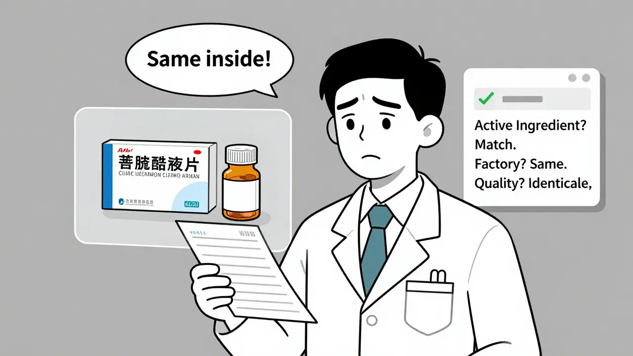 Pharmacist comparing branded and generic pill bottles with transparent overlay showing similarity.