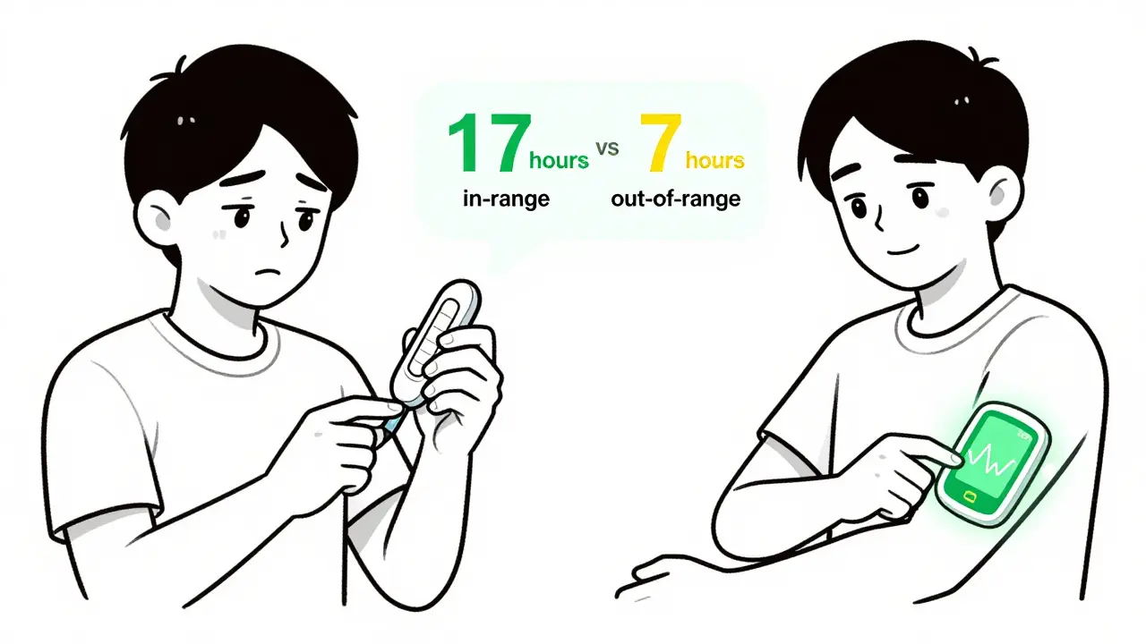 Side-by-side comparison of fingerstick stress vs. CGM confidence with time-in-range visualization.
