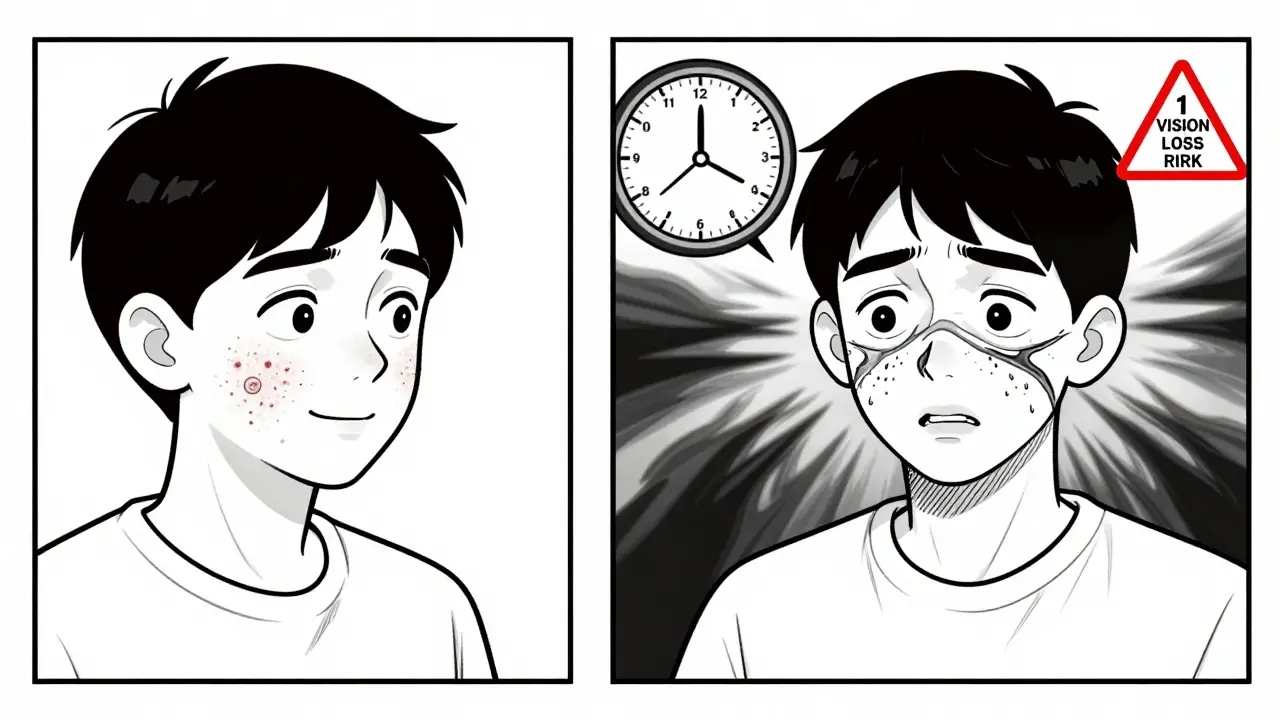 Split image: a happy teen with clear skin on one side, and the same person with shadowy pressure crushing their vision on the other.