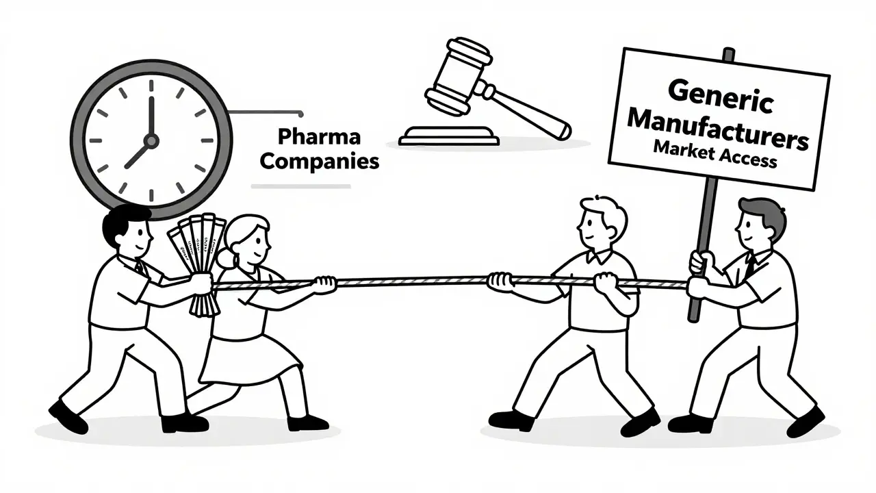 Tug-of-war between pharma companies and generic manufacturers over patent delays and market access.
