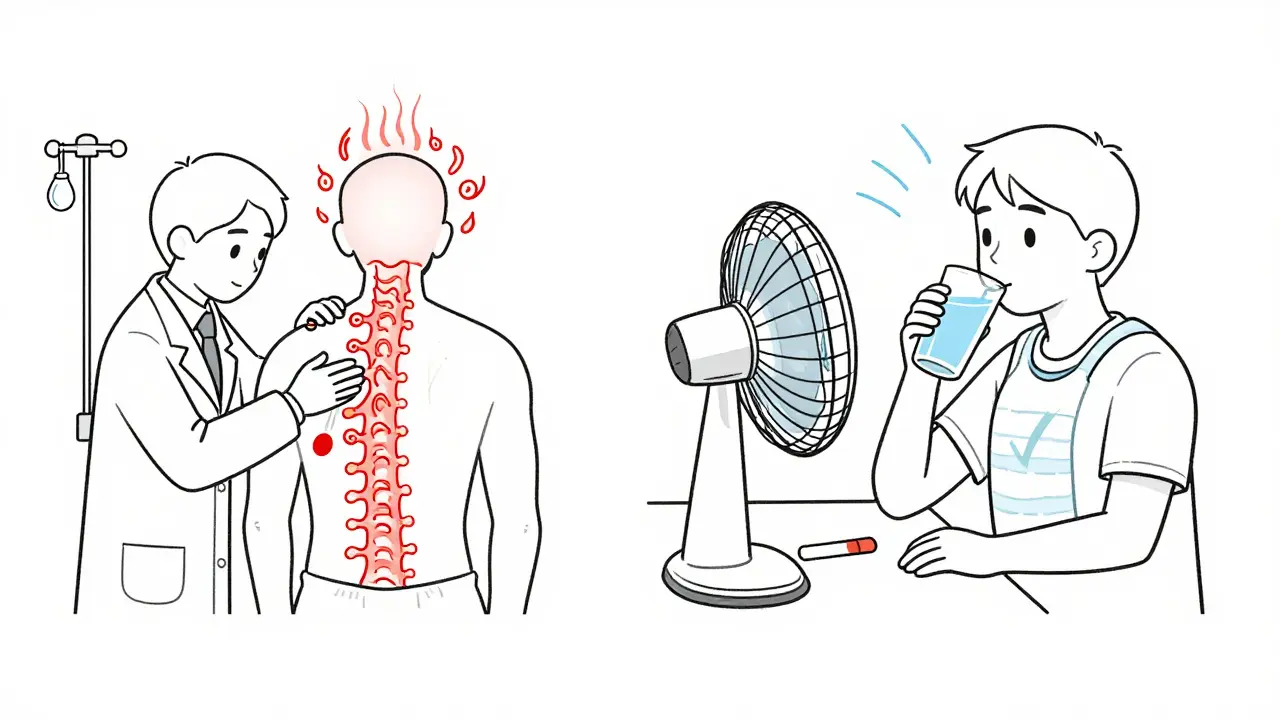 Two medical scenarios side by side: IV steroids vs. hydration and cooling, shown in line art.