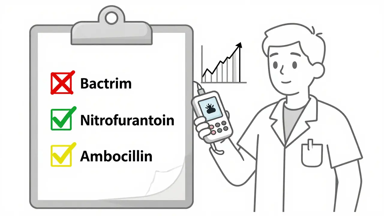 A doctor's clipboard comparing antibiotics for warfarin users, with safer options marked.