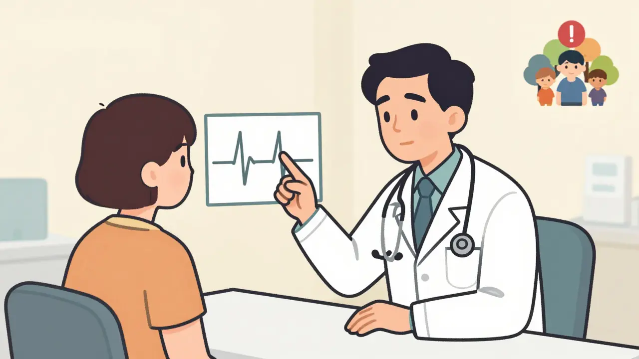 A doctor and patient review an ECG, with a family history icon showing a warning symbol.