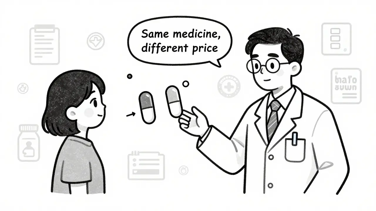 A doctor explains that generics are scientifically equivalent to brand-name drugs using a simple visual aid.