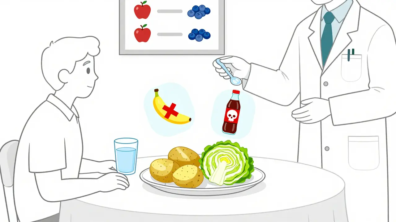 A patient eating leached vegetables while floating icons of high-potassium and high-phosphorus foods are crossed out, guided by a dietitian.