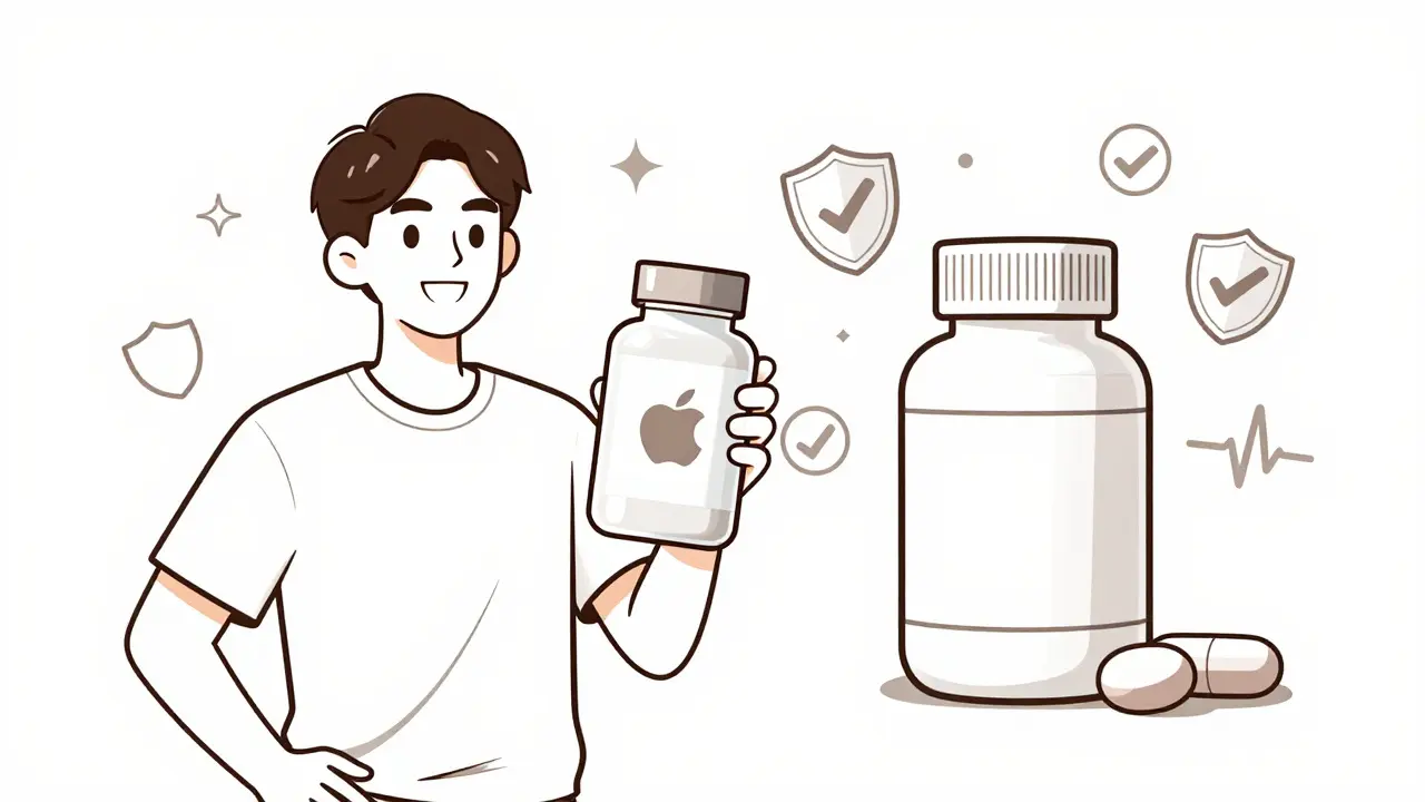 A young adult prefers a branded pill over a plain generic, associating it with reliability and trust.