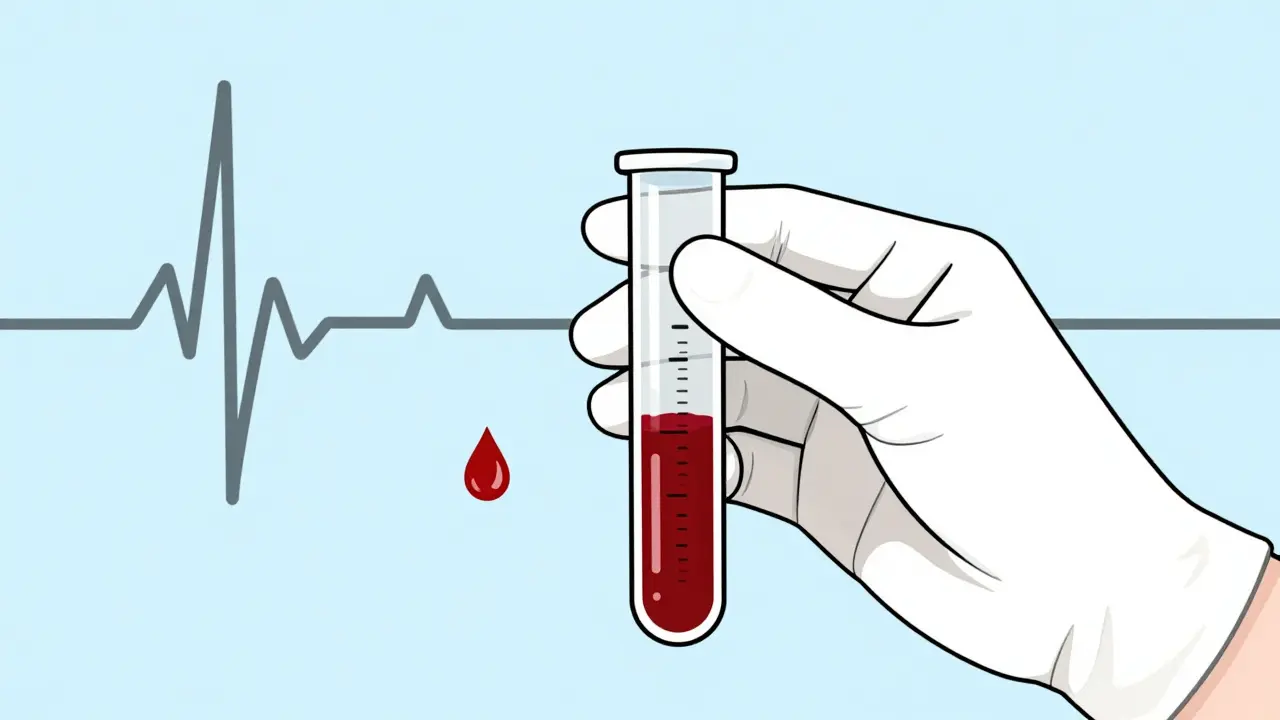 Blood drop in test tube with heartbeat line, representing medication monitoring.