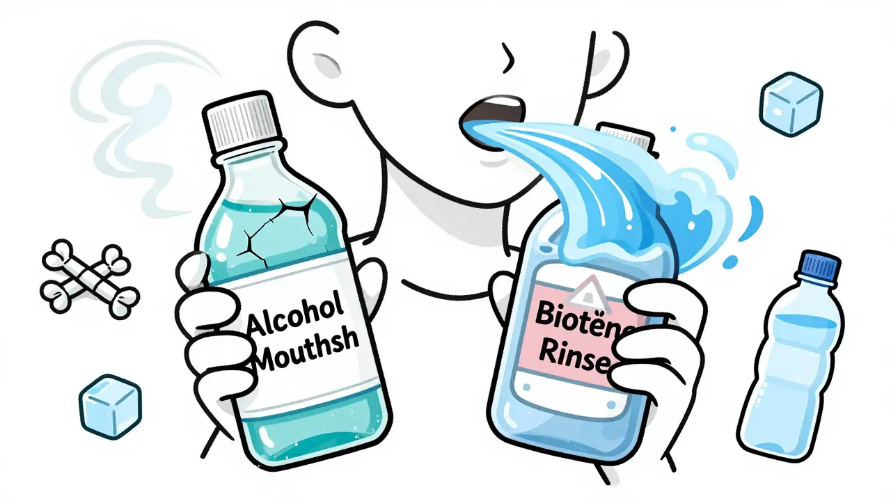 Contrast between drying alcohol mouthwash and moisturizing alcohol-free rinse for dry mouth.