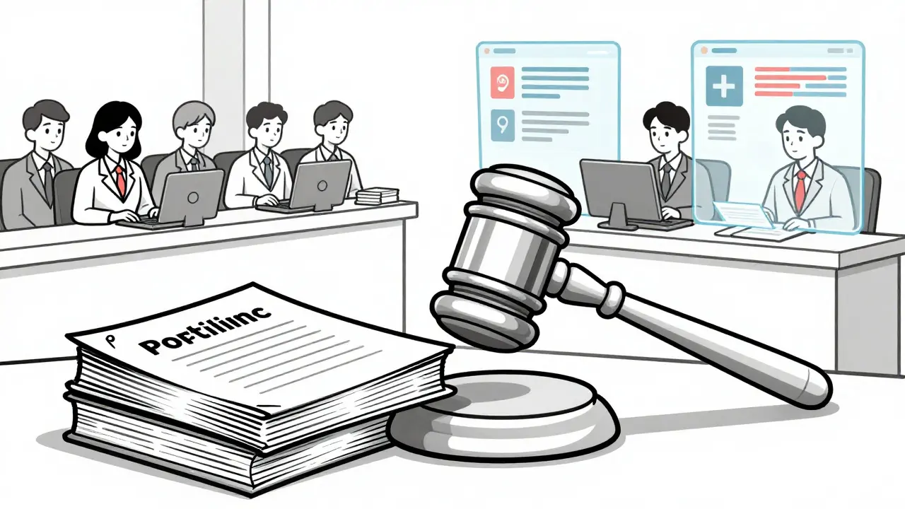 Courtroom scene with AI-shaped gavel striking old compliance books while lawyers and AI collaborate on digital dashboards.