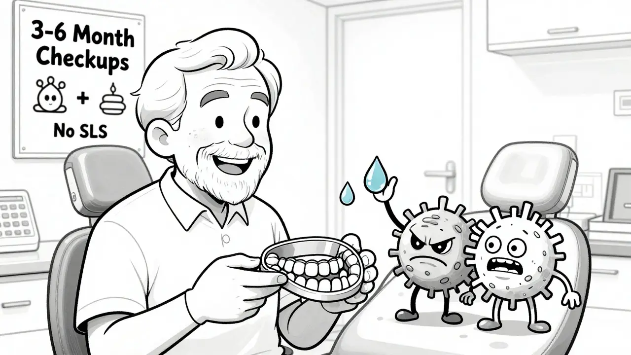 Elderly person using fluoride tray at dentist with cartoon bacteria being defeated by saliva.