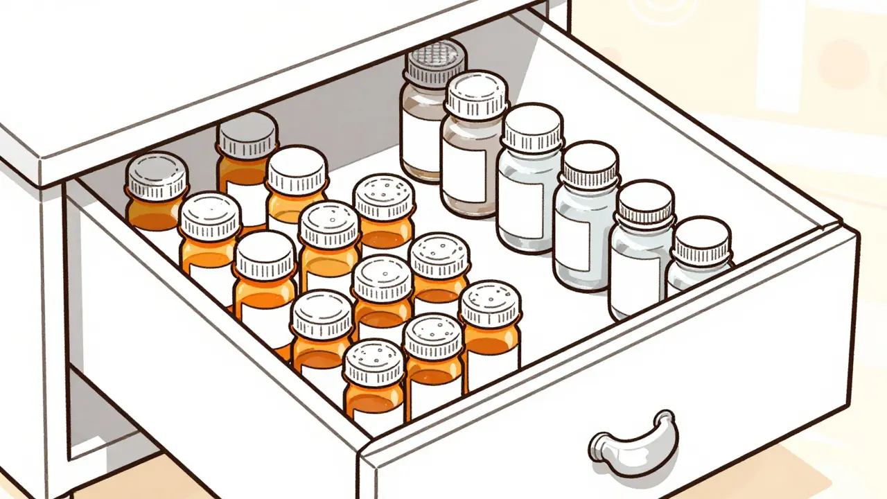Open medicine cabinet drawer with organized bottles