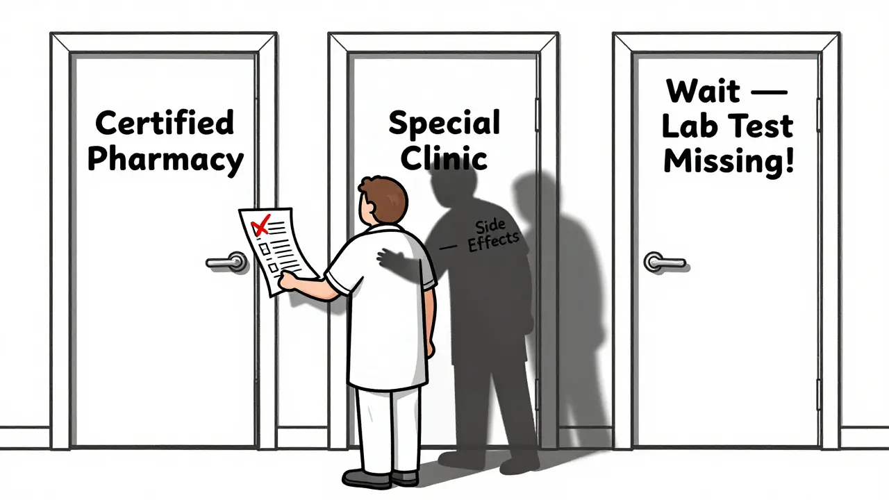 Patient faced with three doors representing REMS requirements, one open with a checklist emerging.
