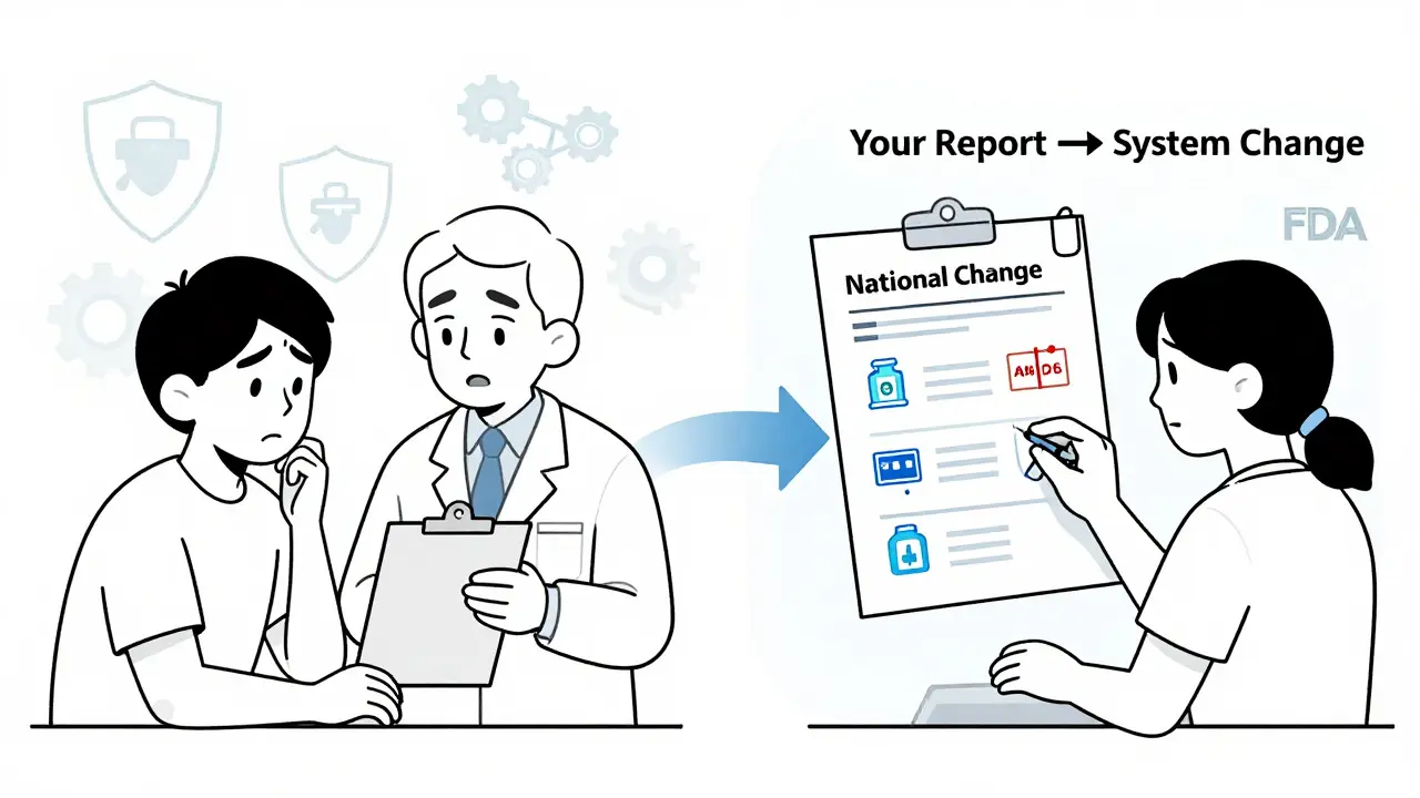 Patient speaking with provider while their report contributes to a national safety system.