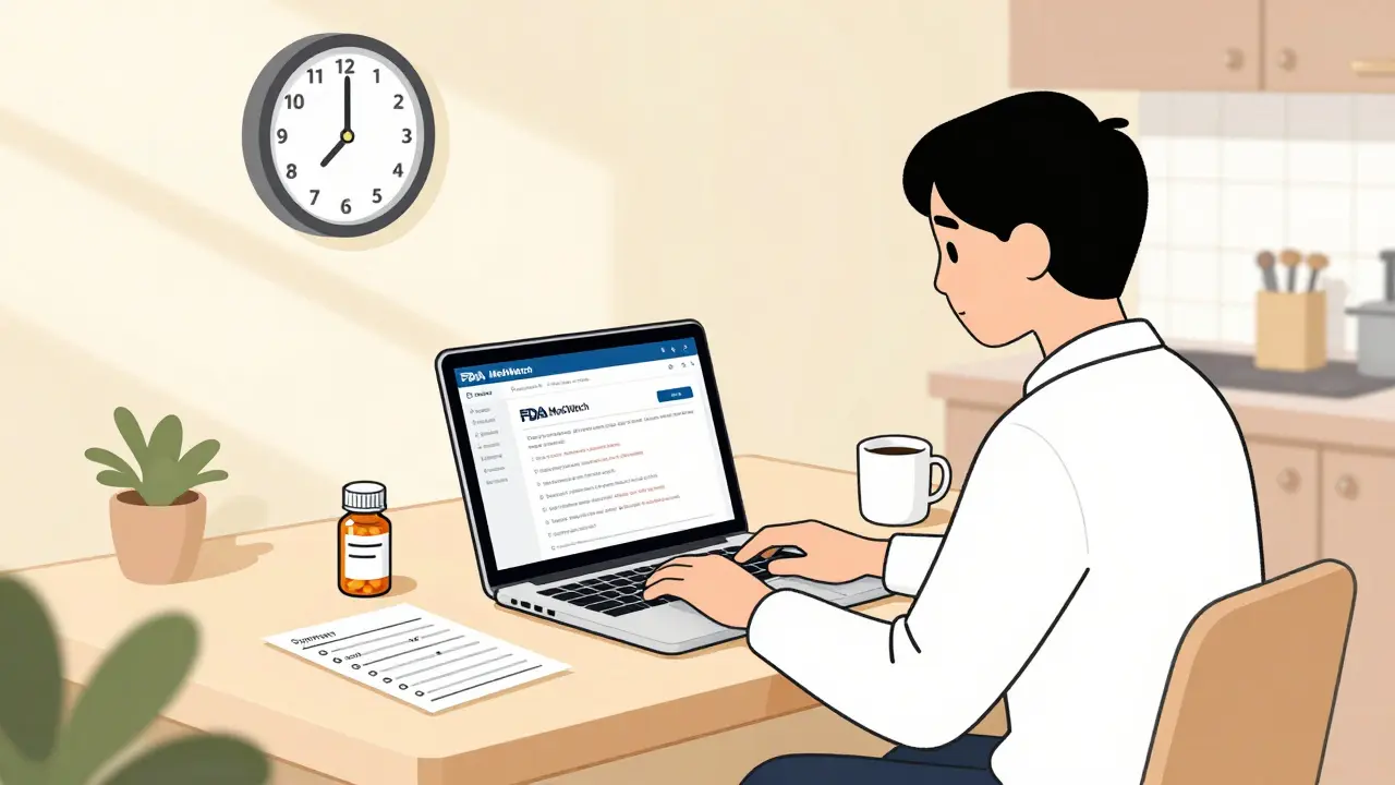 Person filing a medication error report online at home, with pill bottle and symptom log on the table.
